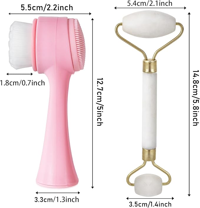Face Brush 2 in 1, Silicone Facial Cleansing Exfoliating Brush Soft Bristles Pore Deep Cleansing, Jade Face Roller Skin Care Tools, Manual Dual Face Wash Scrub Brush Massaging Gift,Pink+White