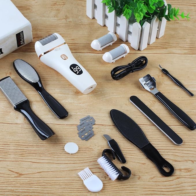 Electric Callus Remover for Feet, 17-in-1 Professional Pedicure Kit, Foot Scrubber Electric Foot File for Hard Cracked Dry Dead Skin, 3 Rollers, 2 Speed, Battery Display