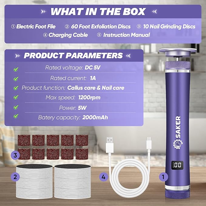 Saker Electric Foot Callus Remover, Electric Foot File Nail Grinder 2 in 1, Rechargeable Pedicure Tools for Feet with 60+10PCS Sandpaper & 12 Adjustable Speeds for Men Women Dead Dry Skin Calluses