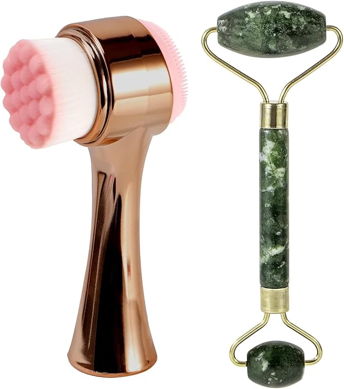 Face Brush 2 in 1, Silicone Facial Cleansing Exfoliating Brush Soft Bristles Pore Deep Cleansing, Jade Face Roller Skin Care Tools, Manual Dual Face Wash Scrub Brush Massaging Gift, Gold Green