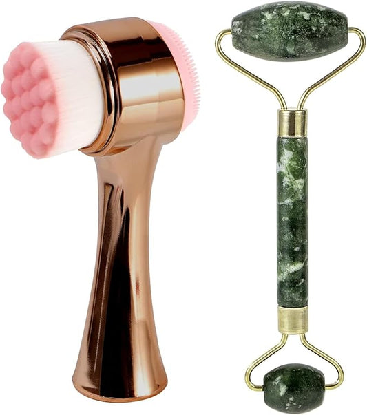 Face Brush 2 in 1, Silicone Facial Cleansing Exfoliating Brush Soft Bristles Pore Deep Cleansing, Jade Face Roller Skin Care Tools, Manual Dual Face Wash Scrub Brush Massaging Gift, Gold Green