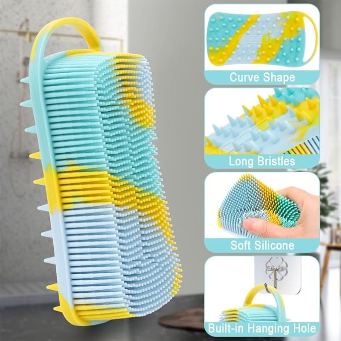 Silicone Body Scrubber, 2 in 1 Soft Silicone Loofah 2 Pack Exfoliating Body Scrubber Loofah for Women Men,Body Scrubber Shower Bath Shampoo Brush with Loop for Sensitive Skin Lather Well,Purple&Yellow