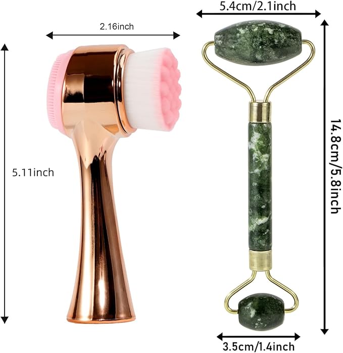 Face Brush 2 in 1, Silicone Facial Cleansing Exfoliating Brush Soft Bristles Pore Deep Cleansing, Jade Face Roller Skin Care Tools, Manual Dual Face Wash Scrub Brush Massaging Gift, Gold Green
