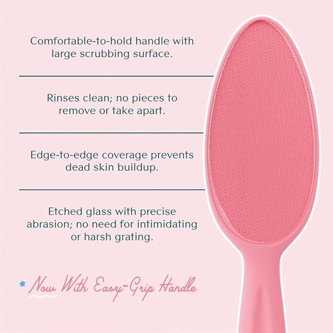 Bare August Glass Foot File Callus Remover for Feet - Heel Scraper & in Shower Foot Scrubber Dead Skin Remover - Pedicure Foot Buffer for Soft Feet (with Handle, Pink)