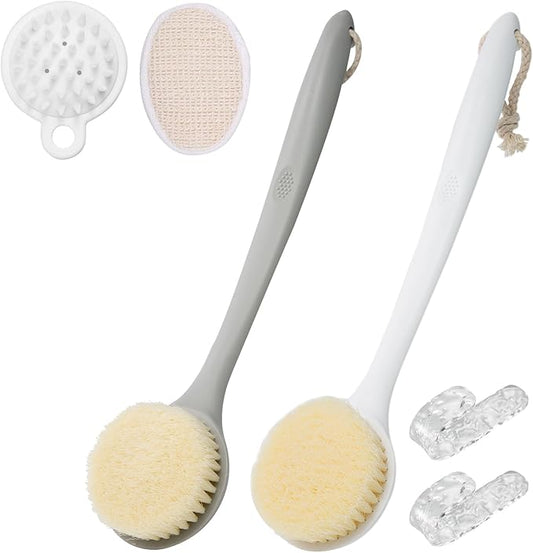 2 Pack Shower Brush for Back, 14in Body Brush Long Handle Back Scrubber, Soft Bristles Shower Brush for Men & Women, Bath Scrubber with Scalp Massager Shampoo Brush and Mini Exfoliating Brush (2 Pack)