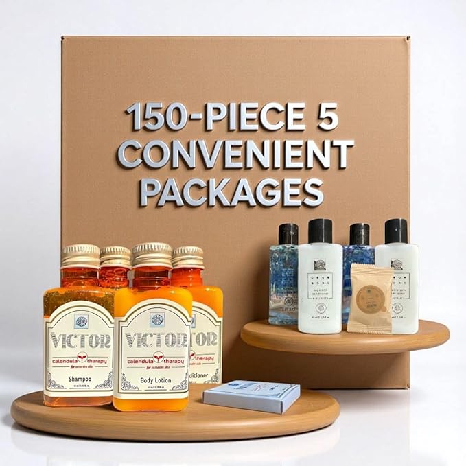 Victor & N-Recycled Guest Amenities Set, 150-Piece Travel-Size Toiletries Bundle with Shampoo, Conditioner, Shower Gel, Lotion & Soap for Guest-Ready Homes and Vacation Rentals