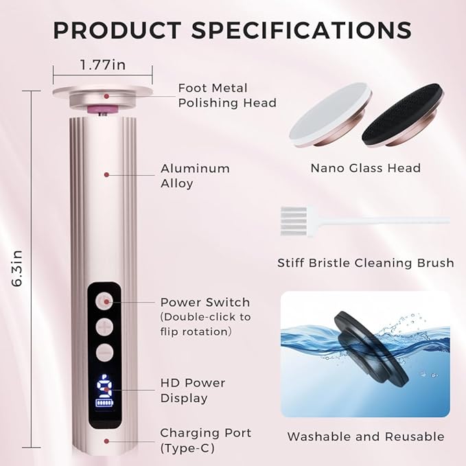 Electric Foot Callus Remover with Nano Glass Head, 9-Speed Rechargeable Foot File with Adjustable R/F Rotation, Digital Display & Powerful Motor for Cracked Heels & Dead Skin (Pink)