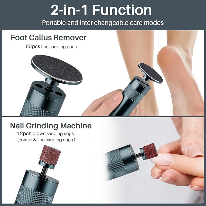 Callus Remover for feet,Nail Filer,Electric Foot Filer with 60Pcs+12Pcs Sandpaper Discs，Gifts for Woman/Men Birthday Christmas Stocking Stuffers Foot Repair Tool-Grey