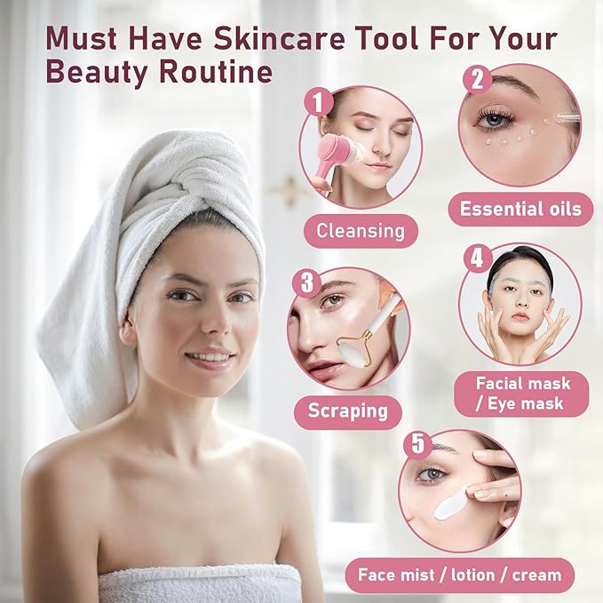 Face Brush 2 in 1, Silicone Facial Cleansing Exfoliating Brush Soft Bristles Pore Deep Cleansing, Jade Face Roller Skin Care Tools, Manual Dual Face Wash Scrub Brush Massaging Gift,Pink+White