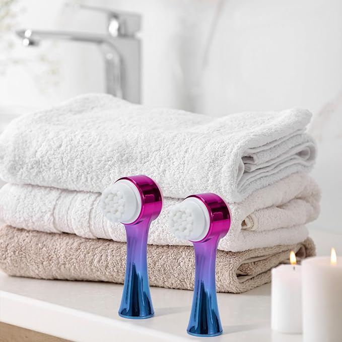 Face Brush 2 in 1, Silicone Facial Cleansing Exfoliating Brush Soft Bristles Pore Deep Cleansing Manual Dual Face Wash Scrub Brush for Massaging, Makeup Skincare Removal, Gradient Purple Blue