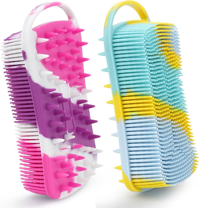 Silicone Body Scrubber, 2 in 1 Soft Silicone Loofah 2 Pack Exfoliating Body Scrubber Loofah for Women Men,Body Scrubber Shower Bath Shampoo Brush with Loop for Sensitive Skin Lather Well,Purple&Yellow