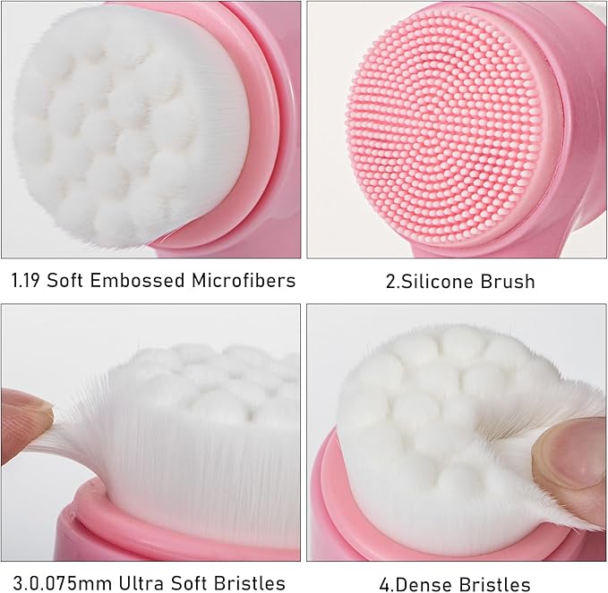 Face Brush 2 in 1, Silicone Facial Cleansing Exfoliating Brush Soft Bristles Pore Deep Cleansing, Jade Face Roller Skin Care Tools, Manual Dual Face Wash Scrub Brush Massaging Gift,Pink+White