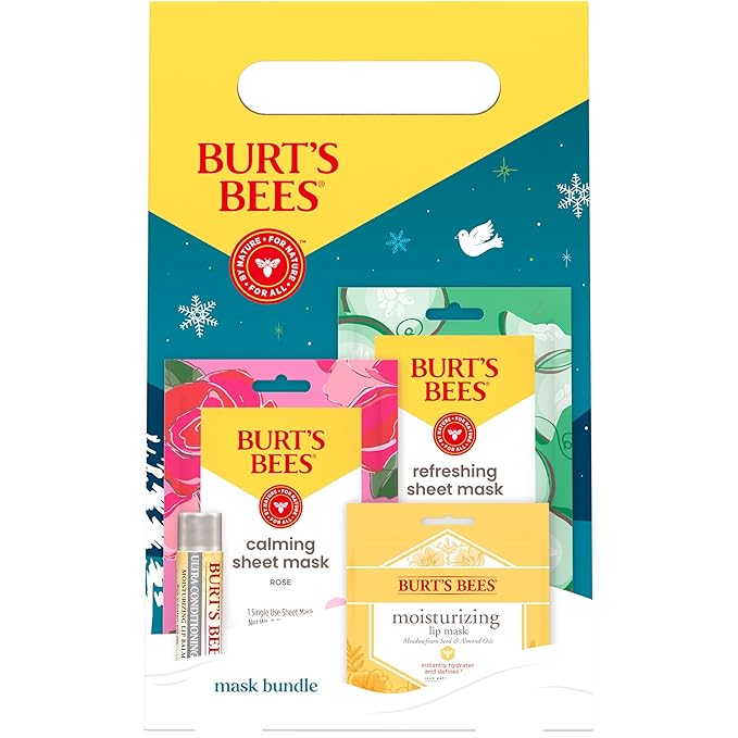 Burt’s Bees Christmas Gifts, Mask Bundle Stocking Stuffers Gift Set; Moisturizing Lip Mask, Ultra Conditioning Lip Balm, Refreshing Sheet Mask, Calming Sheet Mask; Festive Packaging; 1 Gift Set