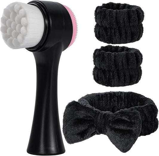 Facial Cleansing Brush 2 in 1, Silicone Face Scrubber Dual Face Brush for Deep Pore Cleansing and Exfoliating, Skincare Headband and Wristbands Set for Washing Face, Massaging Spa Makeup,Black