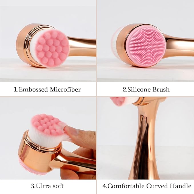 Face Brush 2 in 1, Silicone Facial Cleansing Exfoliating Brush Soft Bristles Pore Deep Cleansing, Jade Face Roller Skin Care Tools, Manual Dual Face Wash Scrub Brush Massaging Gift, Gold Green