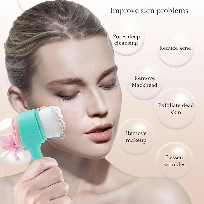Face Brush 2 in 1, Facial Cleansing Exfoliating Brush with Ultra Fine Soft Bristles for Pore Deep Cleansing Silicone Double Side Face Wash Scrub Brush for Skin Care, Green