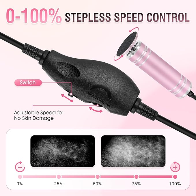 Electric Foot File Callus Remover: Adjustable Speed 1000RPM Feet File Grinder with 60 Pcs Sandpaper Discs - Professional Pedicure Tools for Dead Skin Calluses (Pink)