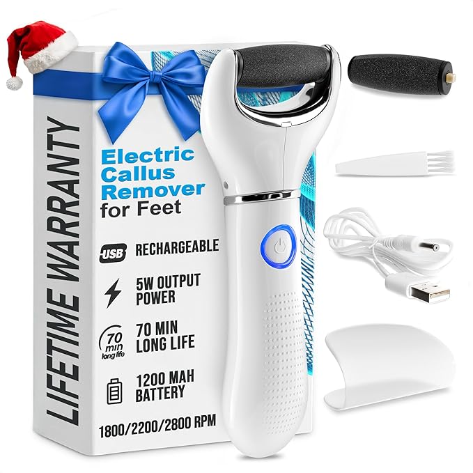 Rechargeable Electric Foot File Callus Remover – 3-Speed Foot Scrubber Electric (1800/2200/2800 RPM), Dry Skin Remover for Feet – 1200mAh, 70 Min Runtime, 2 Replacement Rollers 80 and 60 Grit
