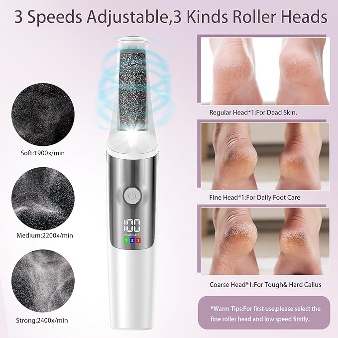 Electric Foot Callus Remover, Rechargeable Electronic Foot File Foot Scrubber Pedicure Kits, Professional Pedicure Tools Smooth Pedicure Wand, Foot Care for Dead Skin Ideal Gift, 3 Rollers,3 Speeds