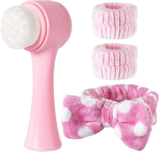 Facial Cleansing Brush 2 in 1, Silicone Face Scrubber Dual Face Brush for Deep Pore Cleansing and Exfoliating, Skincare Headband and Wristbands Set for Washing Face, Massaging Spa Makeup, Pink
