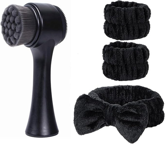 Facial Cleansing Brush 2 in 1, Silicone Face Scrubber Dual Face Brush for Deep Pore Cleansing Exfoliating, Skincare Headband and Wristbands Set for Washing Face, Massaging Spa Makeup,Black Set