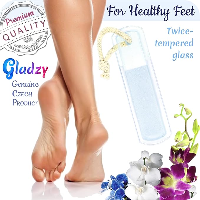GLADZY Czech Glass Foot File Callus Remover – Double Sided Etched, Different Grit Coarse & Fine Surfaces for Hard Skin & Cracked Heels, Professional Pedicure Tool, Washable Reusable, Made in EU