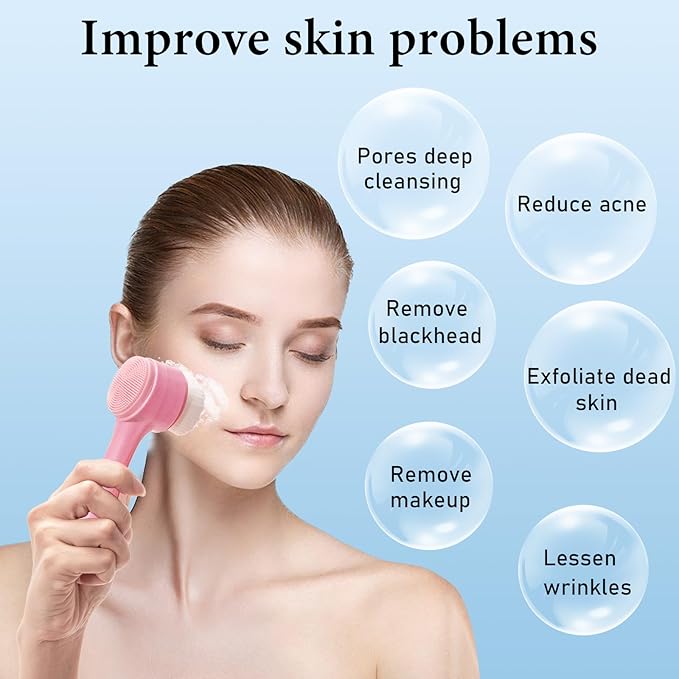 Face Brush 2 in 1, Silicone Facial Cleansing Exfoliating Brush Soft Bristles Pore Deep Cleansing, Jade Face Roller Skin Care Tools, Manual Dual Face Wash Scrub Brush Massaging Gift,Pink+White