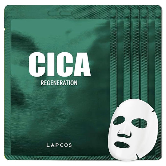 LAPCOS Cica Sheet Mask, Daily Face Mask with Cantella Plant Extract to Regenerate and Revitalize Skin, Korean Beauty Favorite, 5-Pack
