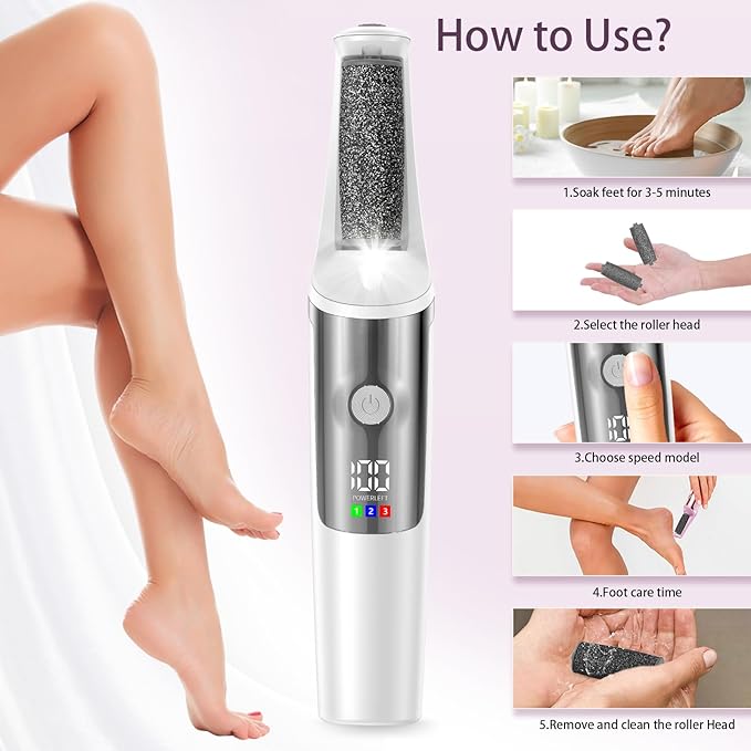 Electric Foot Callus Remover, Rechargeable Electronic Foot File Foot Scrubber Pedicure Kits, Professional Pedicure Tools Smooth Pedicure Wand, Foot Care for Dead Skin Ideal Gift, 3 Rollers,3 Speeds