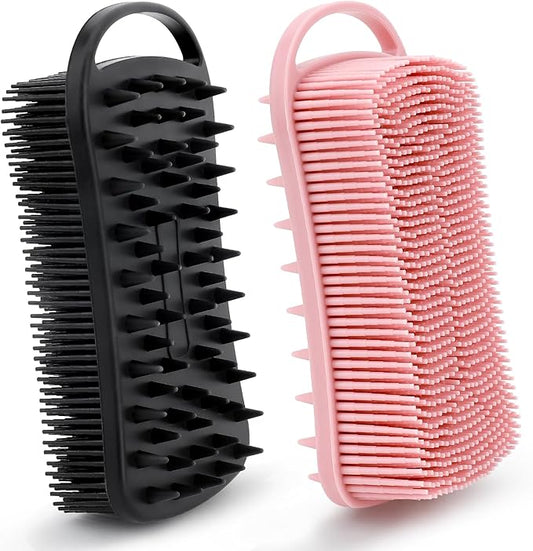 Silicone Body Scrubber, 2 in 1 Soft Silicone Loofah 2 Pack Exfoliating Body Scrubber Loofah for Women Men, Body Scrubber Shower Bath Shampoo Brush with Loop for Sensitive Skin Lather Well, Black &Pink