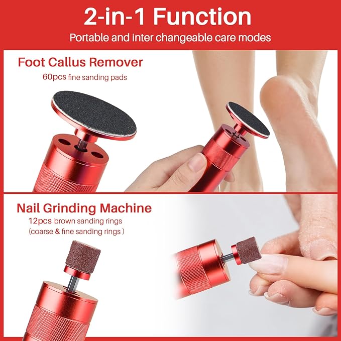 Electric Foot File, Callus Remover for Feet,Adjustable Speed 2 in 1 Electric Foot File Nail Grinder with 60 Pcs Sandpaper Discs, Tool for Dead Skin and Calluses,Gift for Women, Men- Red