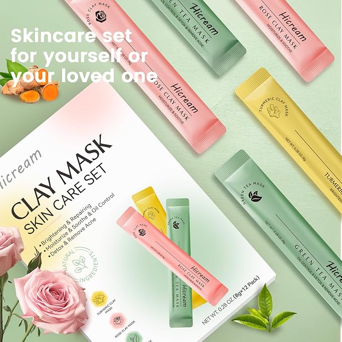 Turmeric Clay Mask, Rose Face Mask & Green Tea Mud Mask 12 PCS - Spa Facial Mask Set Gift for Women & Men, Skin Care Set for Deep Cleansing, Moisturizing, and Refining Pores,Travel-Friendly & Portable