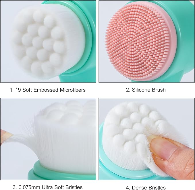 Face Brush 2 in 1, Facial Cleansing Exfoliating Brush with Ultra Fine Soft Bristles for Pore Deep Cleansing Silicone Double Side Face Wash Scrub Brush for Skin Care, Green
