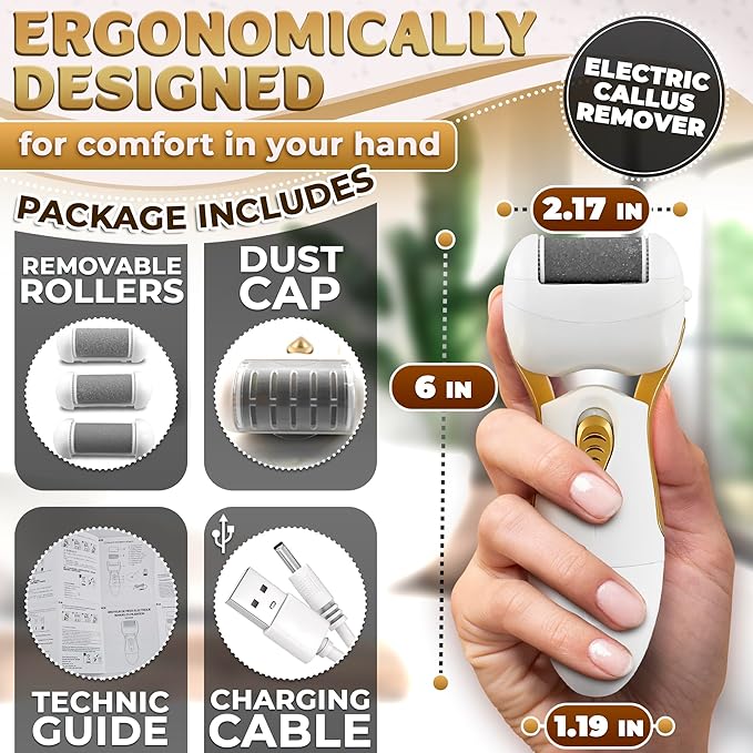 Electric Callus Remover for Feet – 5W Electric Foot Filer, 90-Min Runtime Foot Sander with Fast 2H Charge & 3 Replacement Rollers – Hard Skin Remover for Feet with Ergonomic Handle for Easy Grip