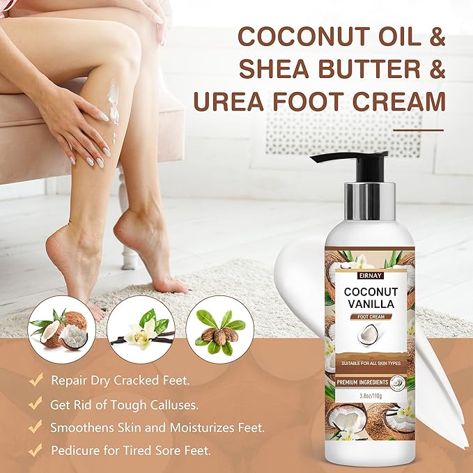 Coconut & Vanilla Foot Soak Set - Salts, Foot File, Scrub & Urea Cream Pedicure Supplies for Dry, Cracked Feet - Foot Spa Pedicure Kit for Women Men
