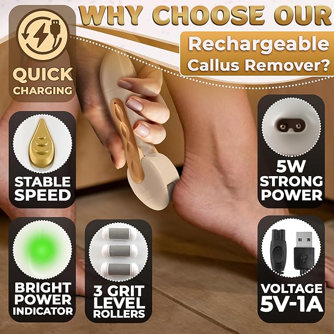 Electric Callus Remover for Feet – 5W Electric Foot Filer, 90-Min Runtime Foot Sander with Fast 2H Charge & 3 Replacement Rollers – Hard Skin Remover for Feet with Ergonomic Handle for Easy Grip
