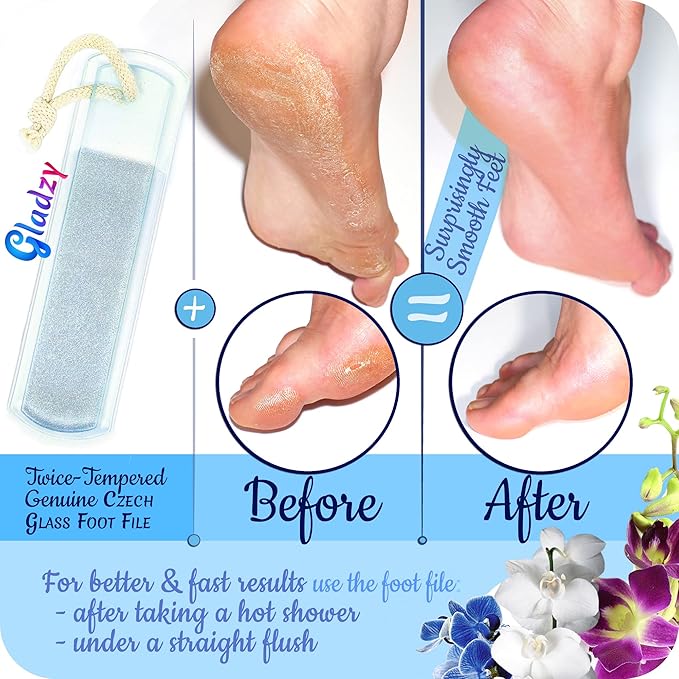 GLADZY Czech Glass Foot File Callus Remover – Double Sided Etched, Different Grit Coarse & Fine Surfaces for Hard Skin & Cracked Heels, Professional Pedicure Tool, Washable Reusable, Made in EU