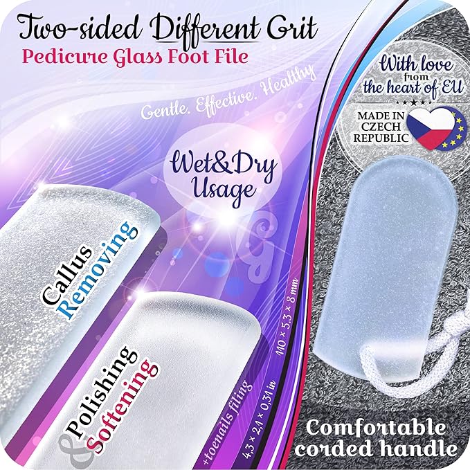 GLADZY Czech Glass Foot File Callus Remover – Double Sided Etched, Different Grit Coarse & Fine Surfaces for Hard Skin & Cracked Heels, Professional Pedicure Tool, Washable Reusable, Made in EU