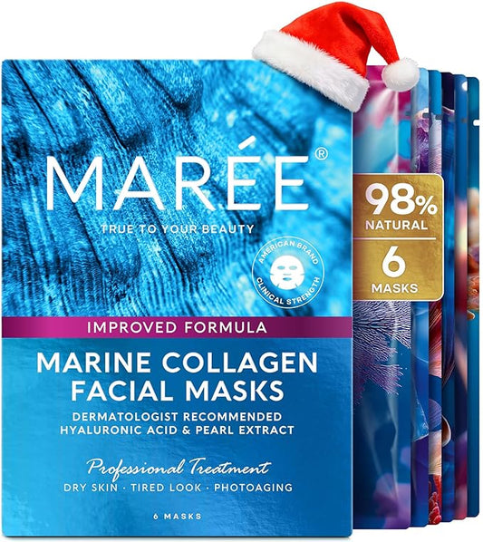 MAREE Collagen Facial Mask with Hyaluronic Acid — Sheet Face Mask Skincare — Centella Asiatica, Green & Red Algae Extract — Hydrating Facemask For Women Skin Care — Mascarillas Para La Cara — 6 Count